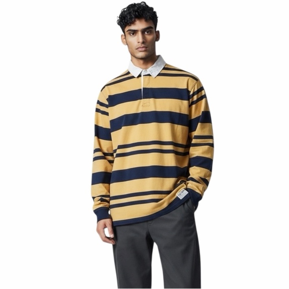 Eddie Bauer Rugby Shirt Mens XL Tall Yellow‎ Blue Striped Long Sleeve Polo
